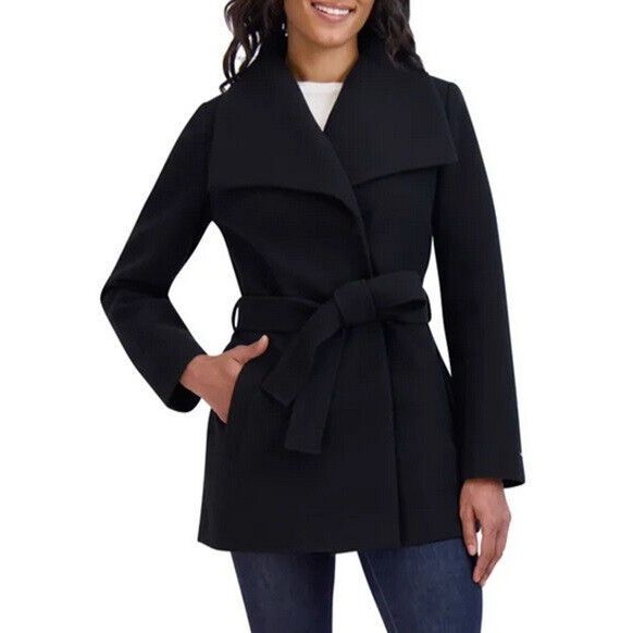 Tahari Faux Wool Wrap Coat Black Nwt